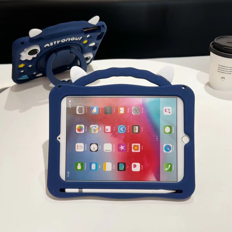 Suitable for 2022 iPad Pro 12.9inch Cartoon Silicone Case Astronaut A1983 Boy's Anti-Drop Soft Case A1876 Squeezable Spaceman A2014 Rotating Hand-Held Stand Cover with Embossed Cartoon Design