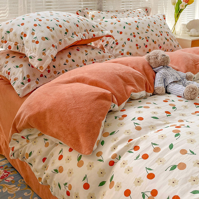 Small fresh ab face pure cotton milk suede four-piece set teenage girl heart autummy winter plus suede three-piece flannel quilt cover bed hat