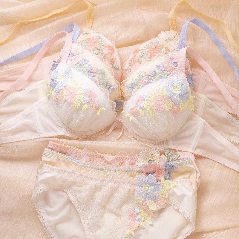 R Brand Japanese Style Sweet and Cute Fresh Three-Dimensional Water-Soluble Floral Lingerie Set Women's Underwear Bra