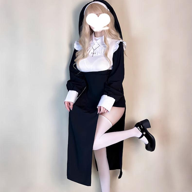 [Flower Plus Size] Halloween Costume Adult Nun Cosplay Sexy Uniform Set Black Dress