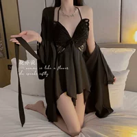 Очаровательный черный набор с двумя частями [Nightskirt + Outter Hoot] атласный стиль