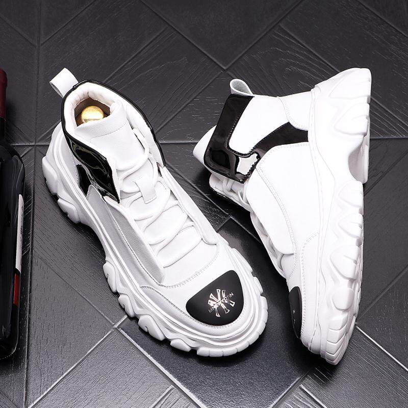 European station white daddy shoes men's personality printing increased pure leather cowboy boots British leather thick-soled high-top shoes men