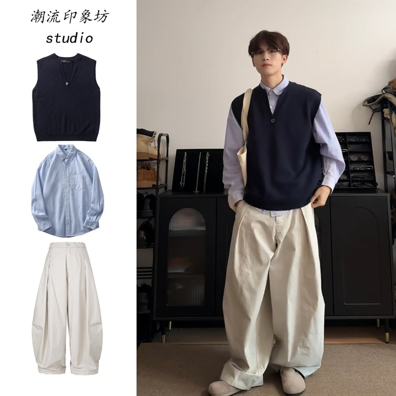 Three-Piece Set/Autumn Vintage Preppy Style Knitted Vest Unisex Pullover V-Neck Sleeveless Vest