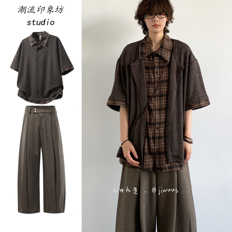 Two-Piece Set/Japanese Retro Casual Old Money Style Plaid Fake Two-Piece Short-Sleeve Shirt Unisex Summer Shirt