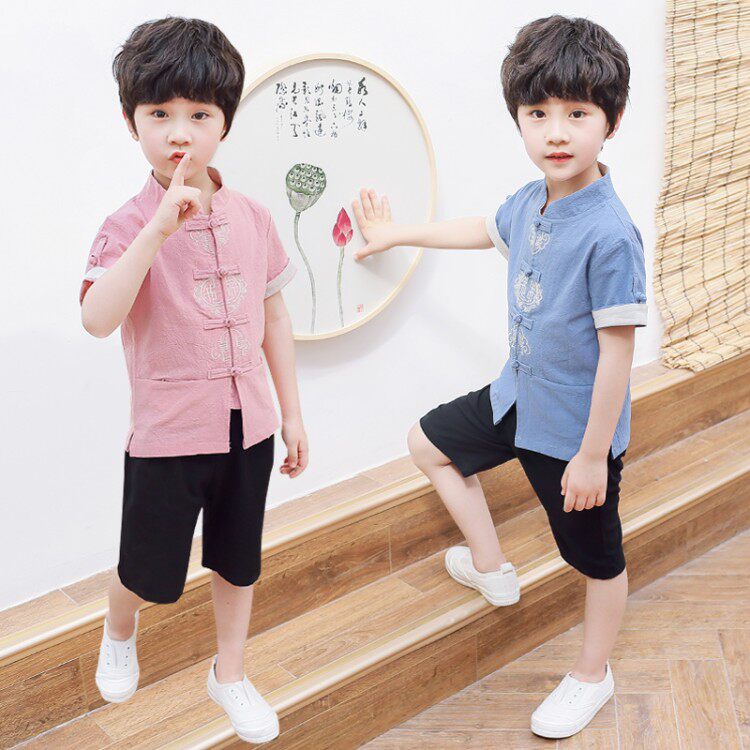 China Wind Scout Summer Cotton Tampon Short Sleeve Children Don Costume Boy Hanfu Young Boy Suit Retro Clothes National School Clothes