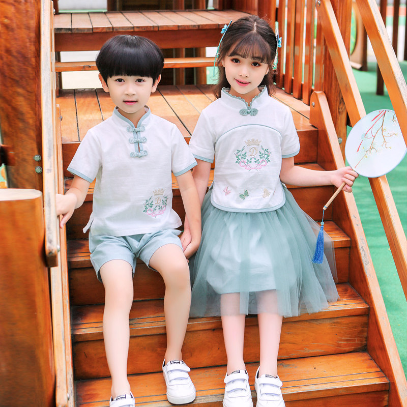 New Products China Wind Men And Women Coughed Up Summer Students School Uniform Summer Clothing Hanfu Hanfu Children Two Sets Bookings For Children