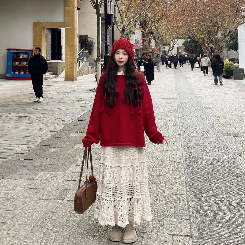 Lazy and Sophisticated Cherry Red Sweater for Women, Pullover Knit Top for the Year of Birth, 2025 New Year's Vibe Outfit