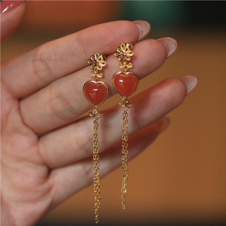 Natural South Red Heart Type Earrings Pure Silver Gilded Inlaid Wind Charm-Taobao