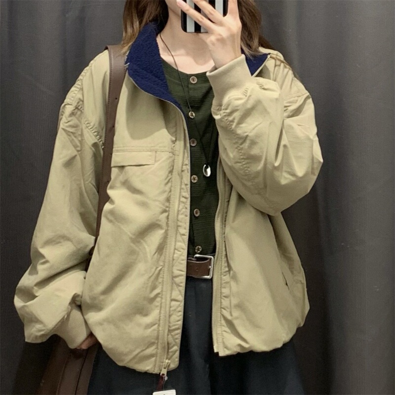 Stand Collar Jacket with Fleece Lining, Women's and Men's Outerwear, Autumn and Winter Fleece-Lined Warm Top E487517