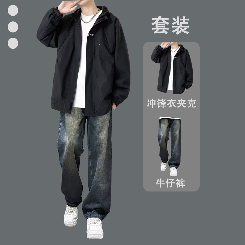 Casual Sports Suit for Male Students, Spring and Autumn Style, Jacket Paired with Jeans, Cool and Stylish Three-Piece Outfit for Teenagers Casual Sports Suit for Male Students, Spring and Autumn Style, Jacket Paired with Jeans, Cool and Stylish Three-Piece Outfit for Teenagers