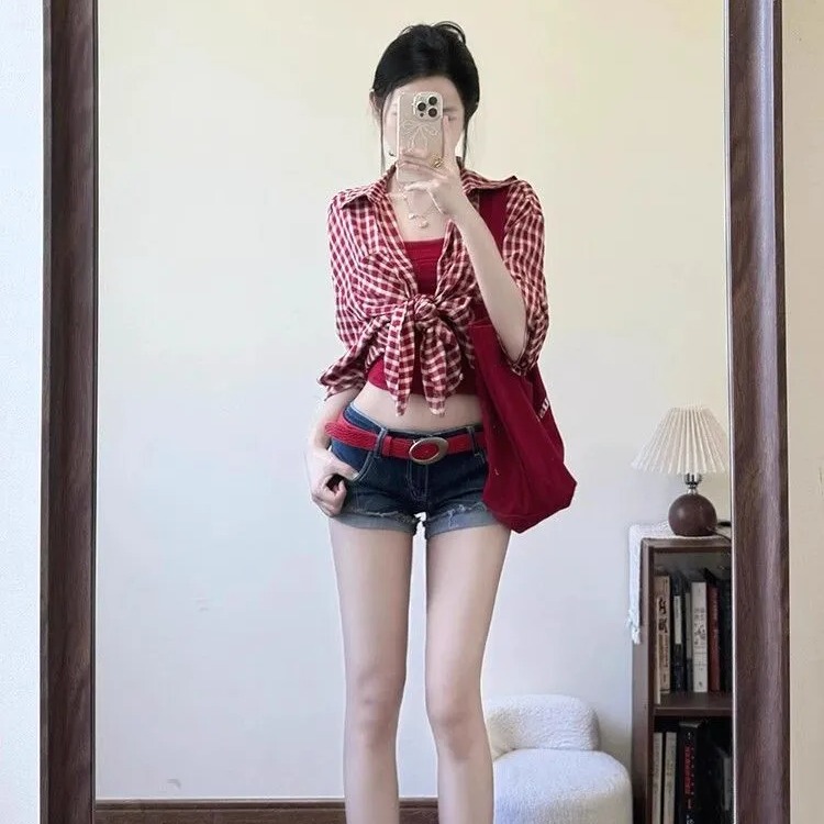 Suit for Women in Spring, Pure and Sexy Style, Sun Protection Plaid Shirt Jacket, Camisole, Denim Shorts Three-Piece Set