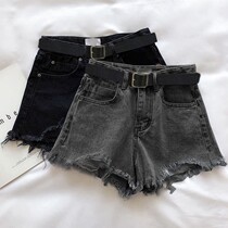 2023 New Black Grey Denim Shorts Women Summer Thin LOOSE Thin Black A Character Broadside Hair Side Hot Pants