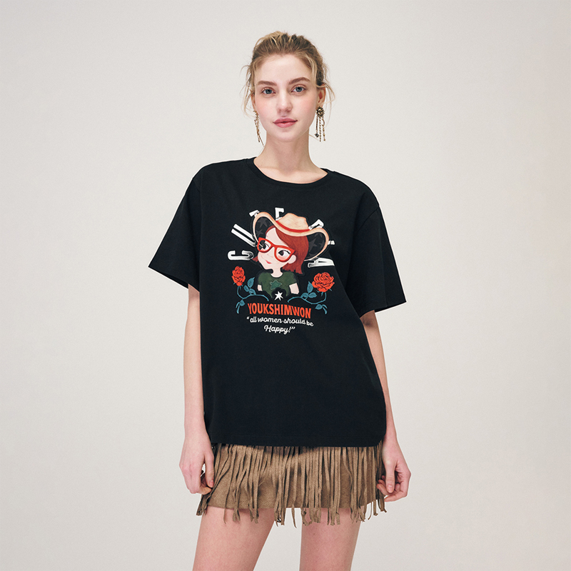 Lu Xinyuan Genuine New Cartoon Rose Print Short-Sleeved Cotton T-Shirt Women's Top Casual Loose Large Size Half-Sleeved