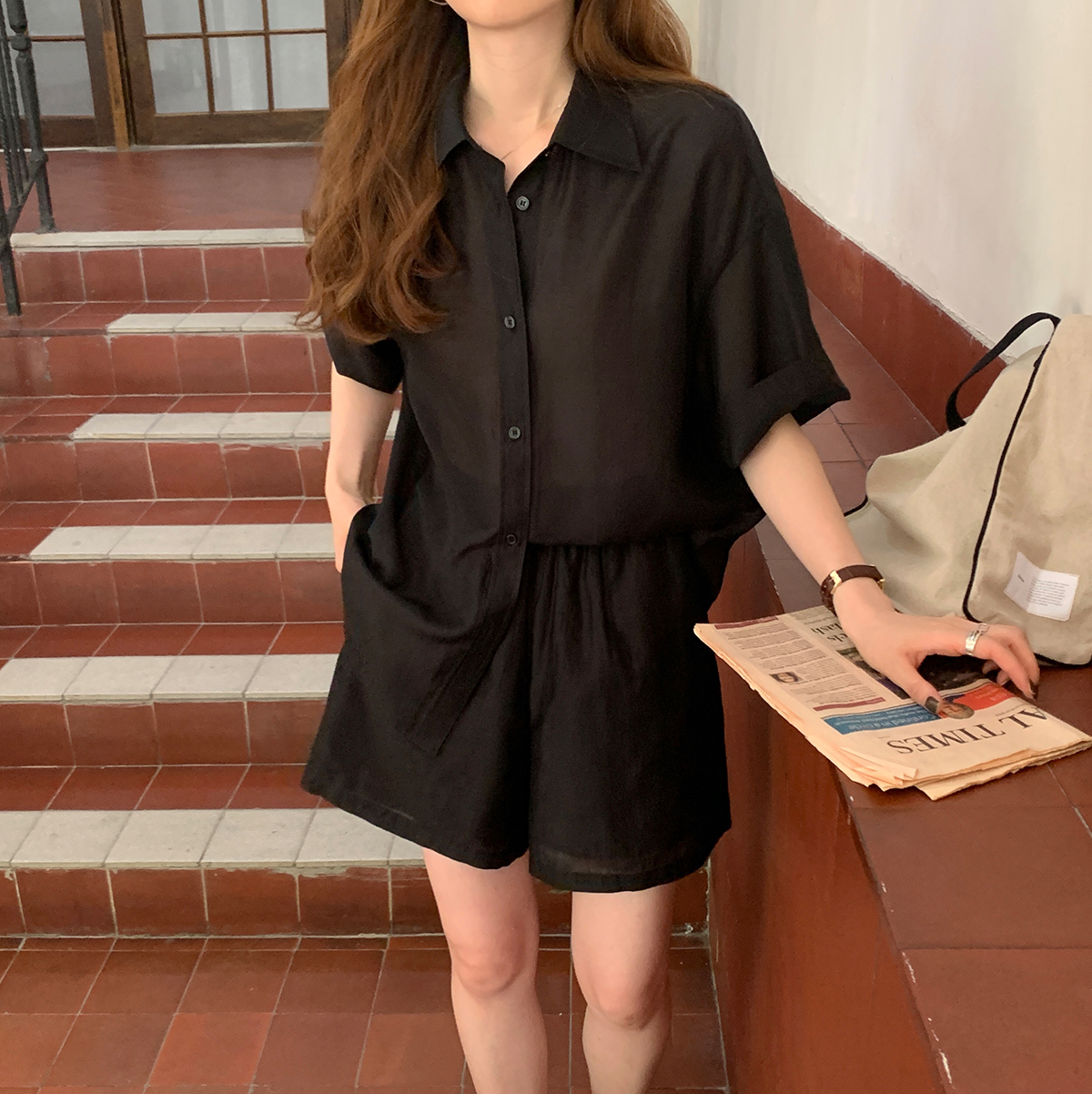 (limited time 8% off) Tiansi lazy light shirt tight waist shorts suit F0602