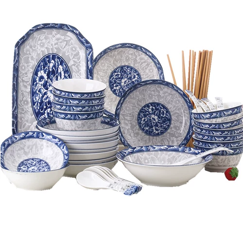 Jingdezhen Синий и белый фарфор 10 человек используют блюда, установив рисовую чашу для блюда для рисовой чаши для супа, простая китайская комбинация может быть в микроволновке