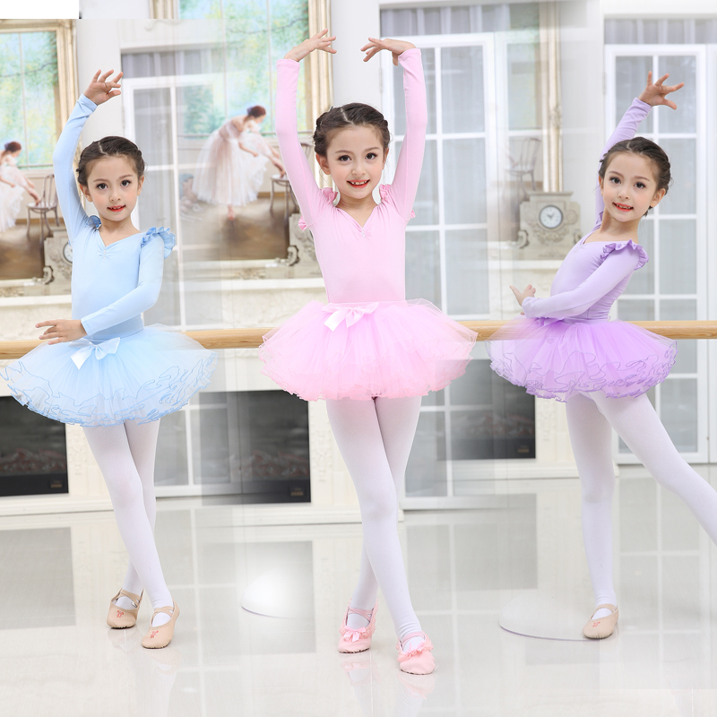 Children's dance clothing Summer tutu Girls practice suit Long and short sleeves Children's examination performance suit powder