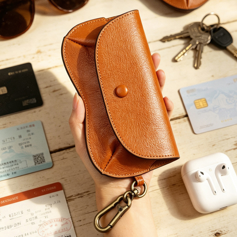 First-Layer Vegetable-Tanned Cowhide Glasses Case, Portable Handmade Genuine Leather High-Grade Anti-Pressure Sunglasses Storage Pouch Trendy