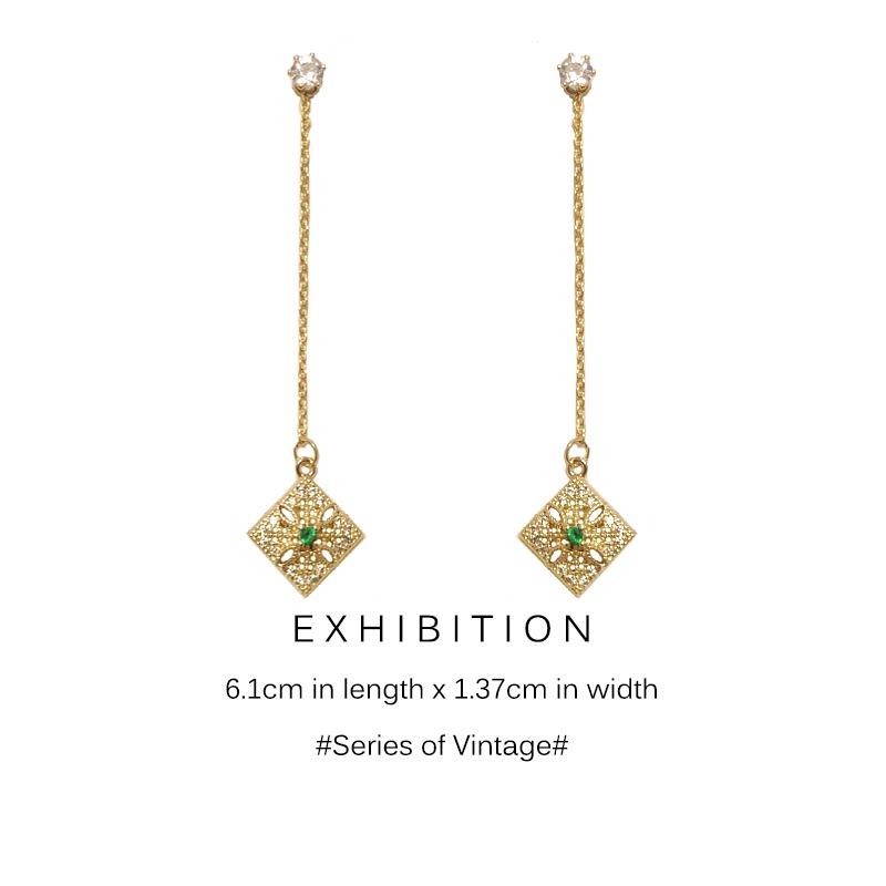 Emerald gemstone earrings long version diamond retro French court style elegance socialite s925 silver needle earrings