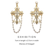 Tassel Pearl cross ear clip without ear hole female retro temperament French silver personality earrings advanced ear ornaments