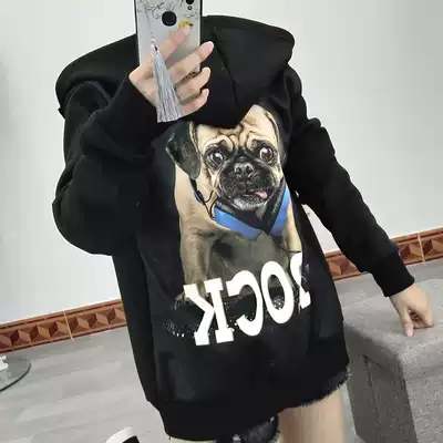 潮牌八哥犬哈巴狗黑色拉鍊連帽上衣帶狗狗3d動物印花圖案男女春秋