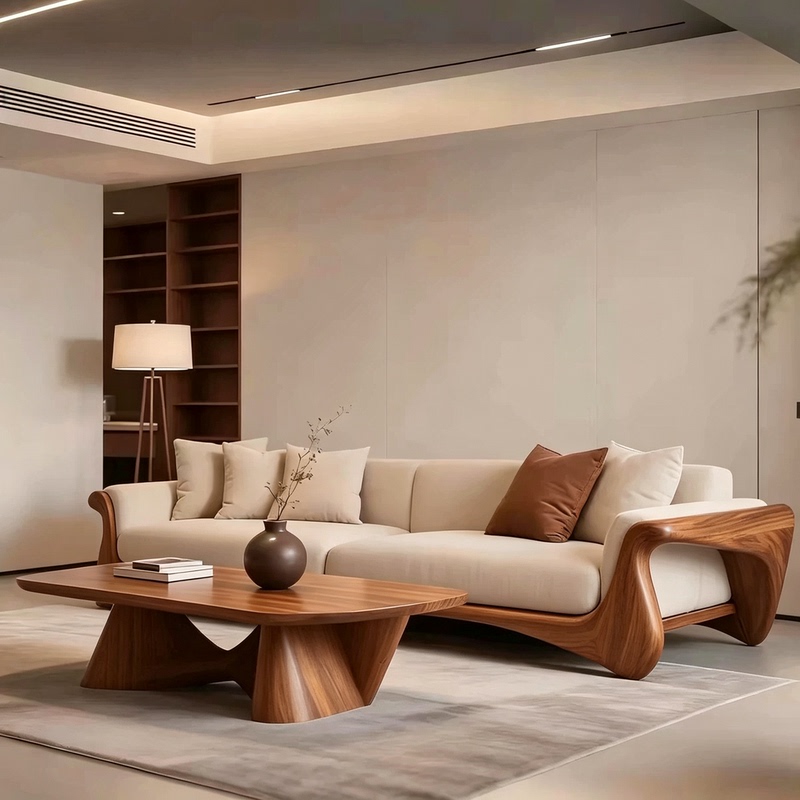 Burma Teak Solid Wood Sofa Modern Minimalist Living Room Straight-Line Sofa with Mortise and Tenon Structure and High-Density Sponge Cushions Burma Teak Solid Wood Sofa Modern Minimalist Living Room Straight-Line Sofa with Mortise and Tenon Structure and High-Density Sponge Cushions