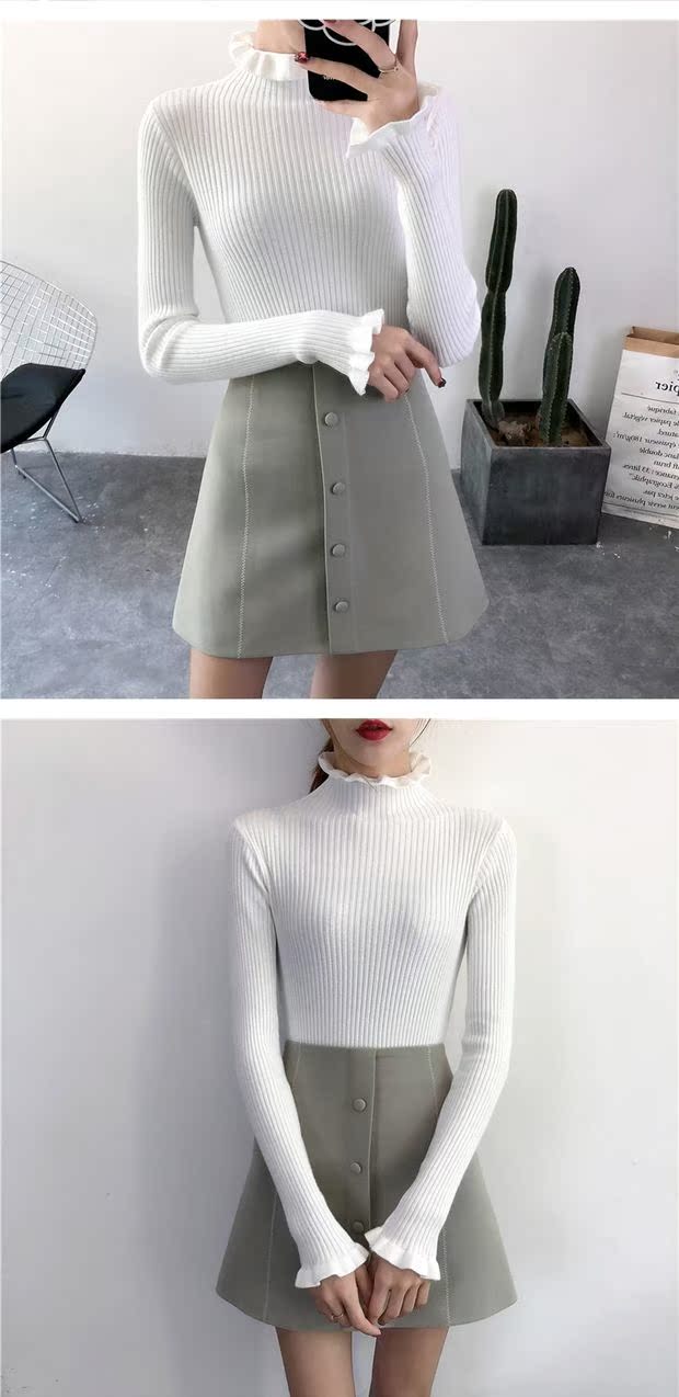Mùa thu và mùa đông cổ cao bằng gỗ mỏng áo thun mỏng áo len nữ xù bó chặt chẽ dài tay đan đáy áo áo gile hàn