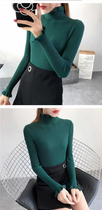 Mùa thu và mùa đông cổ cao bằng gỗ mỏng áo thun mỏng áo len nữ xù bó chặt chẽ dài tay đan đáy áo
