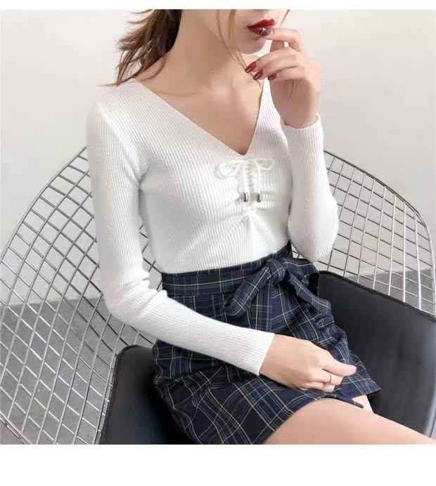Mùa thu mới cổ chữ V dây rút dài tay bó sát áo sơ mi mỏng Áo mỏng là áo len mỏng áo len nữ ao khoac len