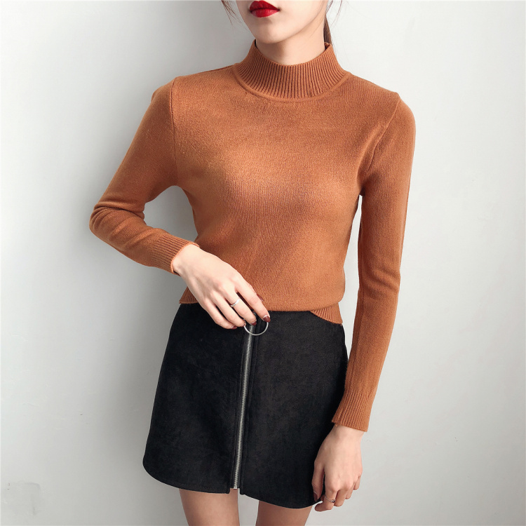 Mùa thu mới phiên bản Hàn Quốc của chiếc áo len tự cao co giãn nửa cổ áo len cao cổ áo len nữ màu sắc dài tay áo sơ mi chạm đáy áo len nữ ngắn tay