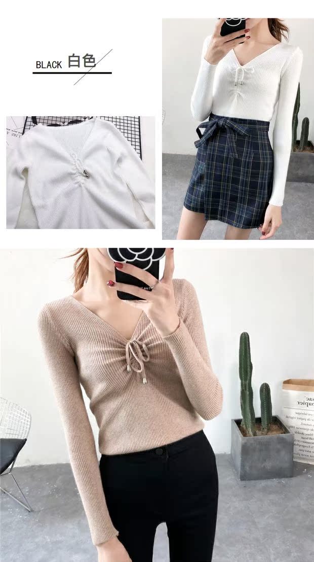 Mùa thu mới cổ chữ V dây rút dài tay bó sát áo sơ mi mỏng Áo mỏng là áo len mỏng áo len nữ ao khoac len