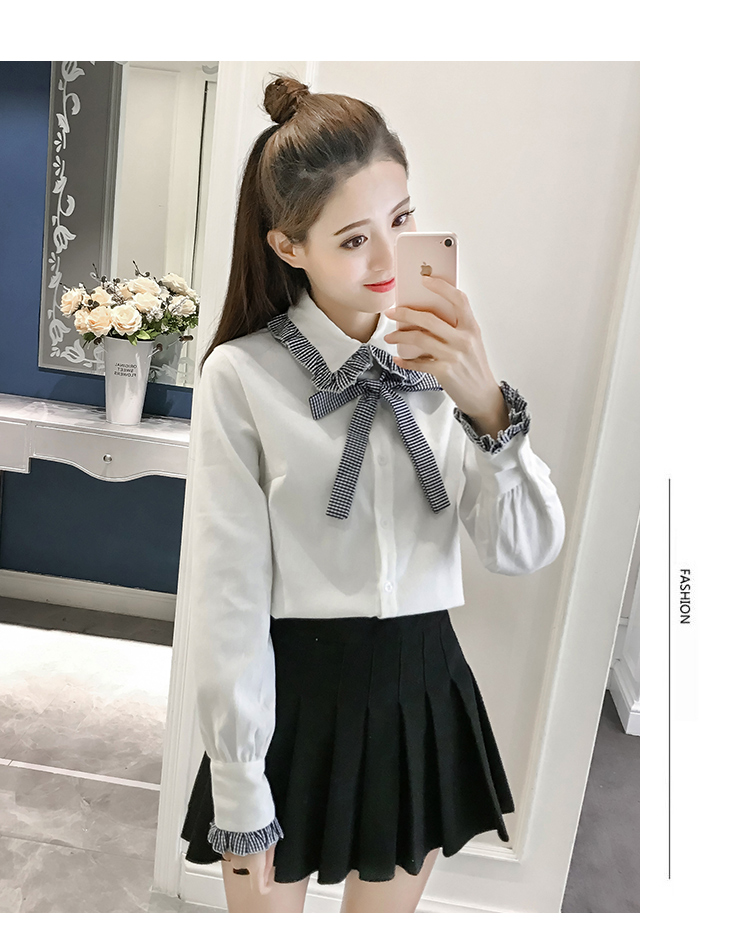 Áo sơ mi nữ nhỏ xinh dễ thương thắt nơ mùa thu và mùa đông mới ngọt ngào ren dài tay áo nhung kẻ sọc áo sơ mi hoa cúc