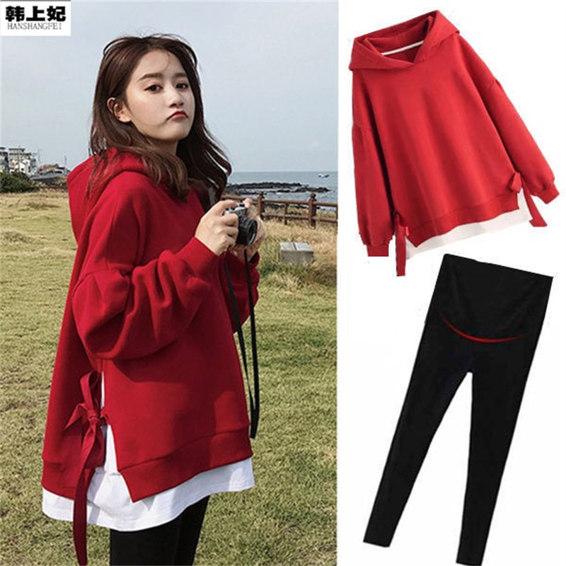 Pregnancy maternity dress 2022 Spring Winter new Lianhood sportswear suit Korean version plus velvety thickened Chauma wearing a loose piece of two sets