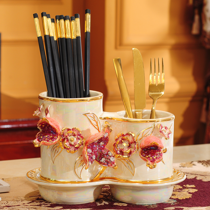 Chopstick tube Household ceramic European chopstick box Kitchen chopstick bucket spoon tableware storage drain rack Chopstick cage practical