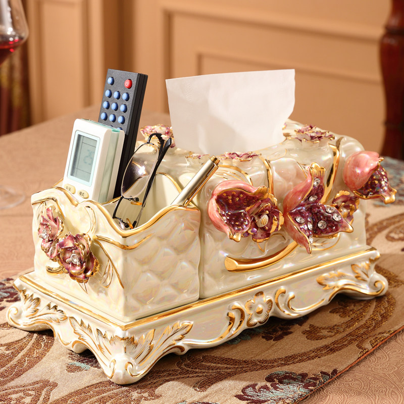 Luxurious European-style ceramic paper towel box light and luxurious living room multifunctional sanitary paper box remote control containing box adornment pendulum