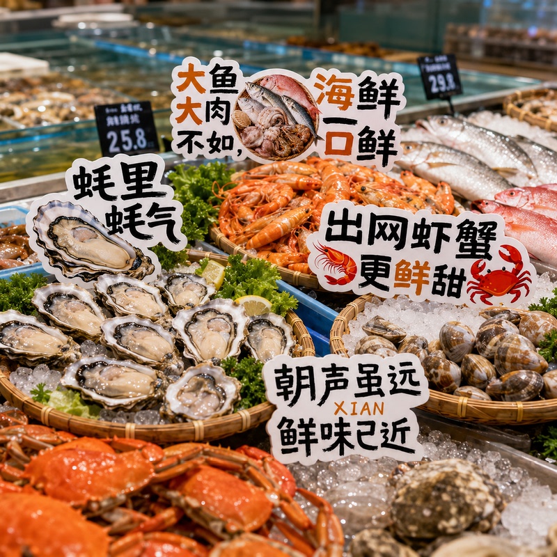 Outdoor Food Stall Shop Open-Air Fresh Seafood Ordering Area Advertisement Pvc Display Board with Special-Shaped Hand-Held Sign