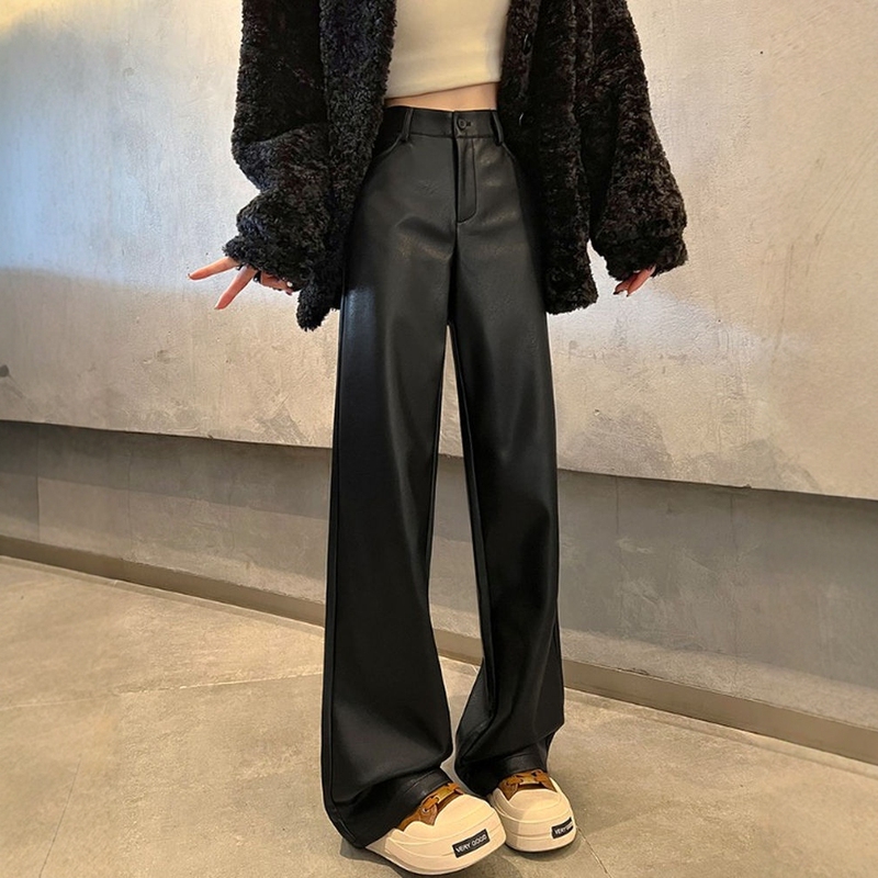Black Leather Pants Wide-Leg Pants for Women Autumn and Winter 2026 New Straight Narrow Version High-End High-Waisted Pu Protein Leather Pants Black Leather Pants Wide-Leg Pants for Women Autumn and Winter 2026 New Straight Narrow Version High-End High-Waisted Pu Protein Leather Pants