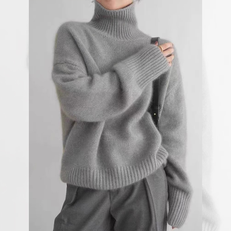 Gray Turtleneck Loose Wool Inner Layer Pullover Sweater for Women, Spring and Autumn Thickened Knit Top for Petite Figures