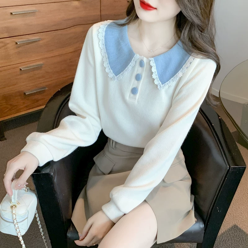 [인형 칼라 여성 맨투맨 여성복 봄과 가을 2023 새로운 긴 소매 티셔츠 디자인 감각 작은 키 짧은 블라우스]