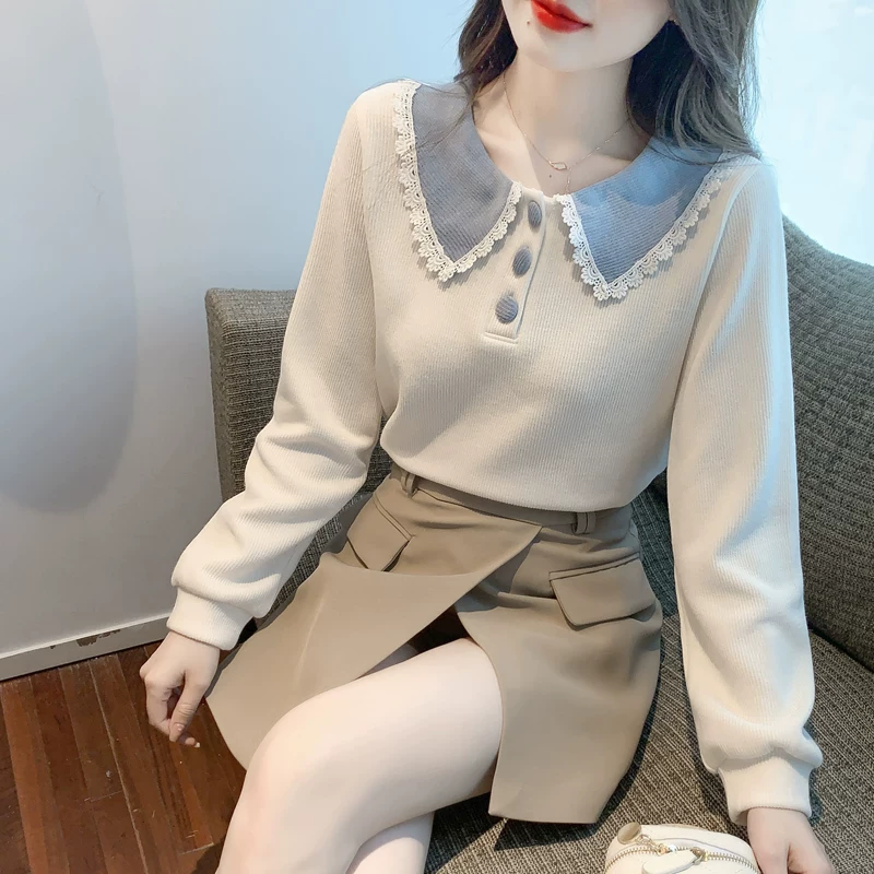 [인형 칼라 여성 맨투맨 여성복 봄과 가을 2023 새로운 긴 소매 티셔츠 디자인 감각 작은 키 짧은 블라우스]