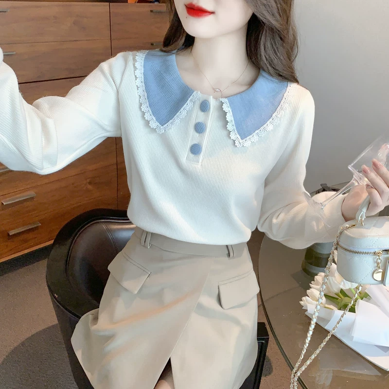 [인형 칼라 여성 맨투맨 여성복 봄과 가을 2023 새로운 긴 소매 티셔츠 디자인 감각 작은 키 짧은 블라우스]