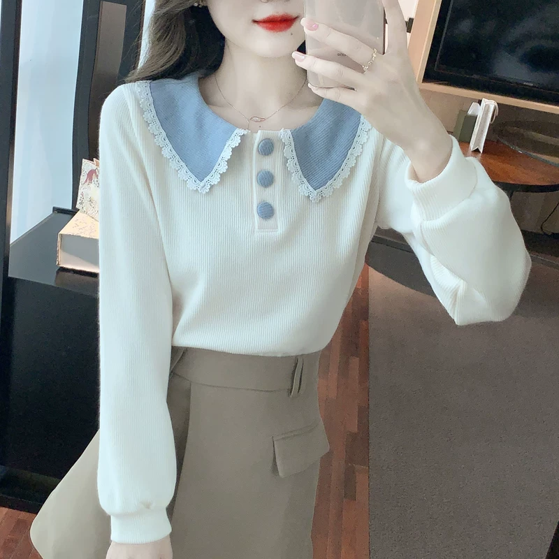 [인형 칼라 여성 맨투맨 여성복 봄과 가을 2023 새로운 긴 소매 티셔츠 디자인 감각 작은 키 짧은 블라우스]