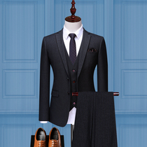 Romon young man business casual suit suit Korean version slim wedding suit Three-piece suit handsome striped suit
