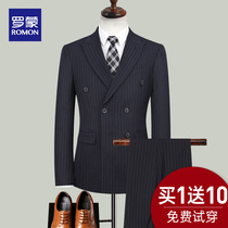 Roemon double-row button casual suit mens suit Korean version sashimi bridegroom groom wedding gown striped positive dress men