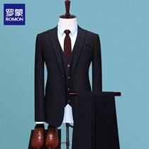 Romon business fashion suit Mens suit Korean slim plaid suit Three-piece professional casual suit Formal suit
