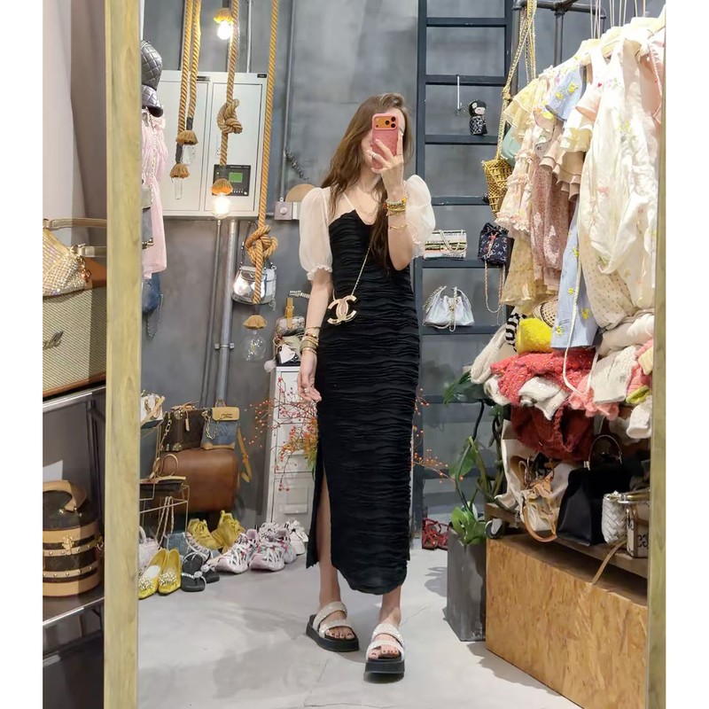 [Sura] Korean-Style Elegant Slimming Three-Dimensional Striped Patchwork Short-Sleeve Dress Q60612709