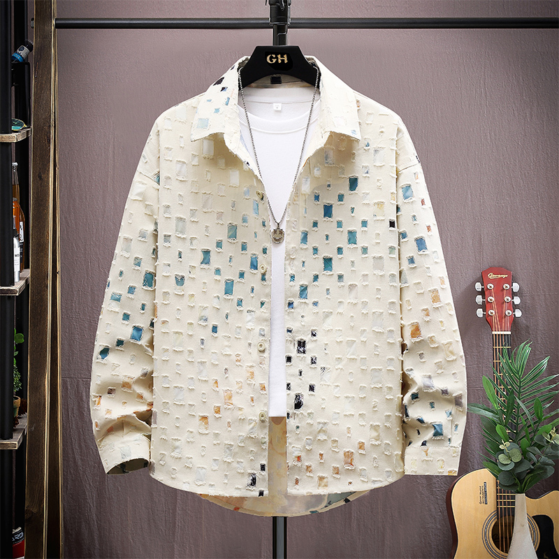 Men's Ripped Plaid Shirt, Long-Sleeved, Spring and Autumn, Thin, Loose, Casual, Stylish, Trendy, High-End, Pure Cotton Jacket