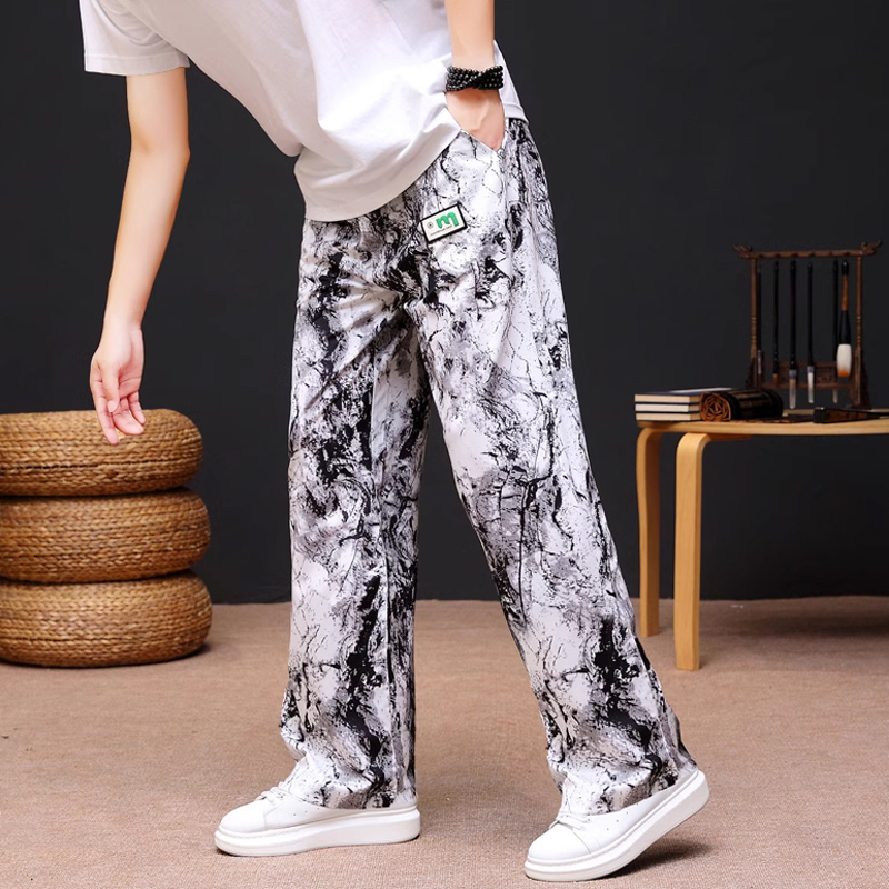 Men's Casual Long Pants Summer Trendy Brand Ice Silk Thin Wide-Leg Pants Fashion Loose Chinese Style Straight-Leg Sports Pants