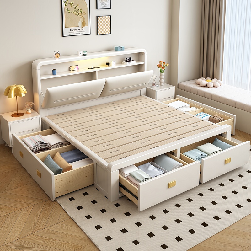 Scandinavian Solid Wood Bed 1.8m Double Bed All Solid Wood Simple White 1.5m High Box Storage with Drawer 2025 New Style