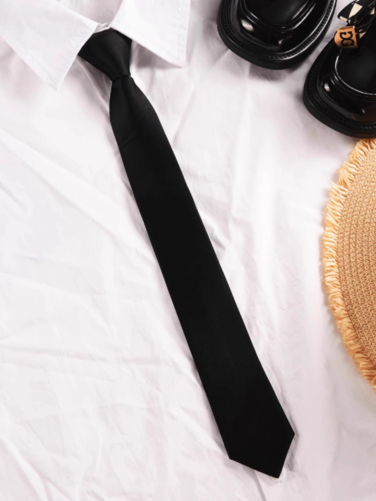 Black Tie Shirt for Men, College Style, Zip-Up Bow Tie, Student Korean Style, No-Tie Design, Unisex Decorative Trendy Accessory