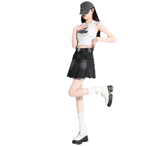 Retro Raw Edge Pocket Denim Skirt Womens 2024 Spring and Summer New Slim High Waist Pleated Skirt Short Skirt